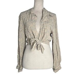 Vtg 90s y2k Marabou Whimsigoth Floral Print Feminine Long Sleeve Crop Tie‎ Top
